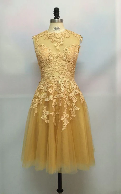Sleeveless A-line Knee-length High Neck Lace Dress