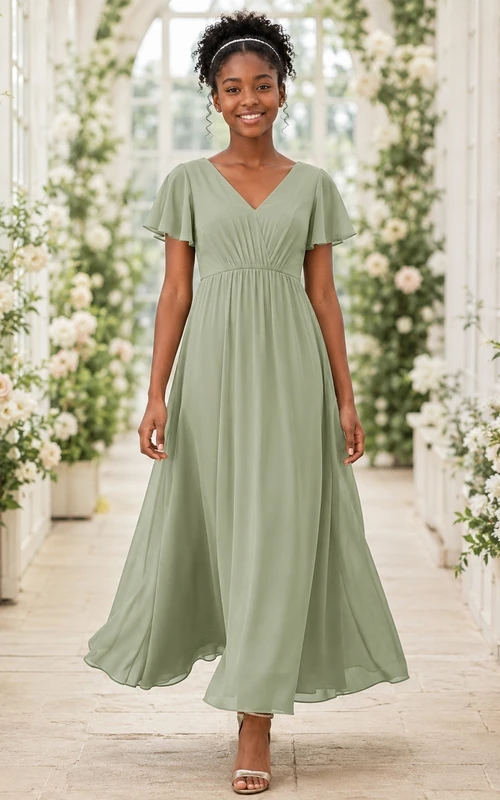 Celadonfarbenes Brautjungfernkleid für junge Damen, A-Linie, V-Ausschnitt, kurze Ärmel, plissiert