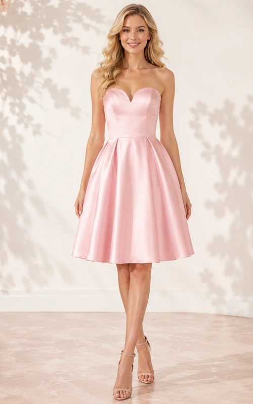 Vestido de cóctel de fiesta largo hasta la rodilla, color rosa empolvado, sin tirantes, con escote corazón y plisado, de satén.