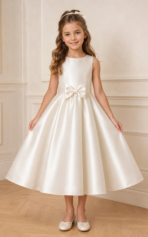 Vestido de niña de flores de satén color marfil hasta la rodilla con lazo