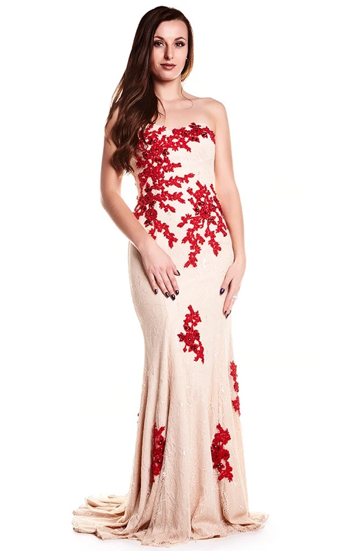 Robe de bal fourreau sans manches en dentelle appliquée, décolleté cœur, dos nu et traîne. Longueur au sol, sans manches, avec application et traîne.