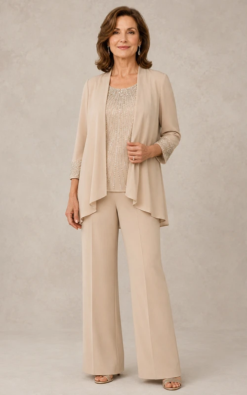 Top de cuentas color champán, traje de pantalón para madre, mono color champán con escote redondo y joyas, largo hasta los tobillos.