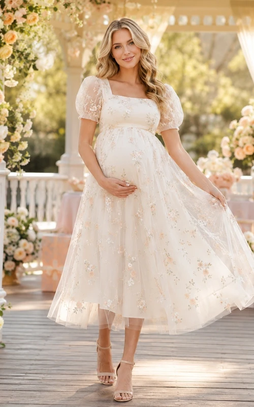 Umstandskleid mit Blumenmuster, Empire-Stil, Puffärmeln, romantischem Tüll, Teelänge