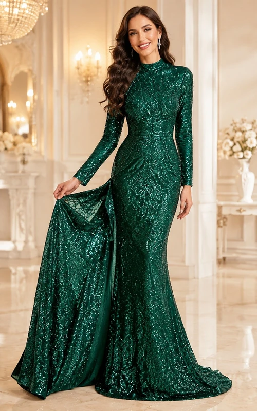 Emerald Sequin High Neck Long Sleeve A-Line Sweep Train Formal Gown