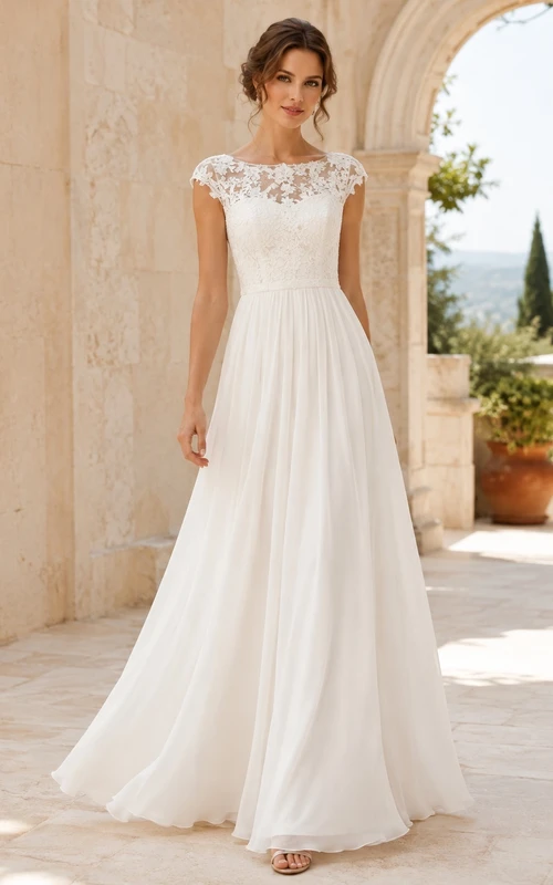 Elegantes Brautkleid aus Chiffon mit kurzen Ärmeln, A-Linie und bodenlang, aus Spitze und Spitze