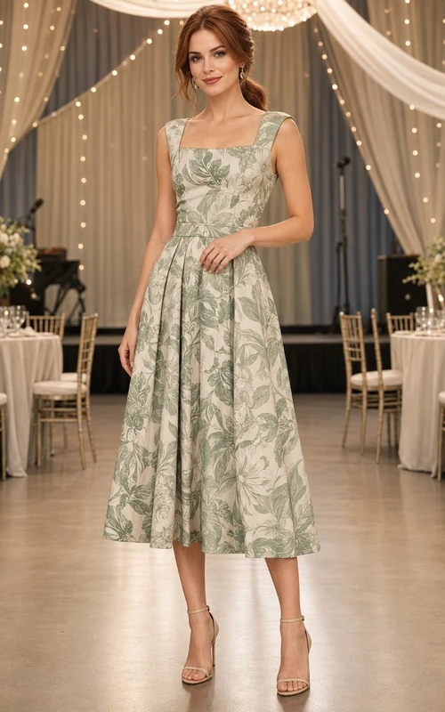 Sage Floral Square Neck A Line Fundraiser Midi Dress