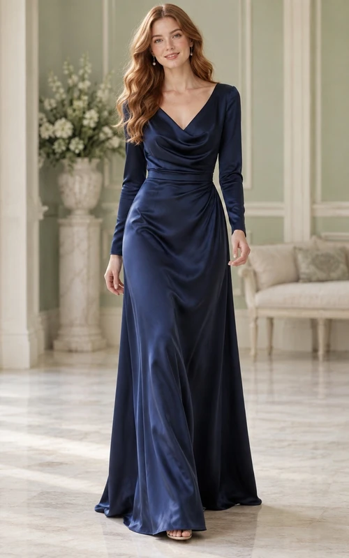 Vestido de noche formal largo hasta el suelo, de satén azul medianoche, con escote en V, mangas largas, drapeado y espalda tipo drapeado.