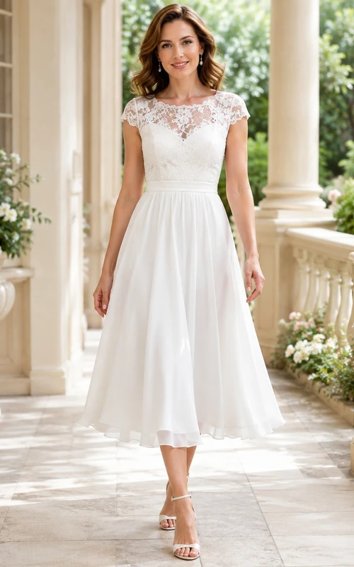 White Bateau Cap Sleeve Lace A-Line Tea-Length Romantic Semi-Formal Dress