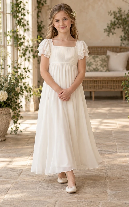 Square Neck Ivory Petal Sleeve Pleated Georgette A-line Flower Girl Dress