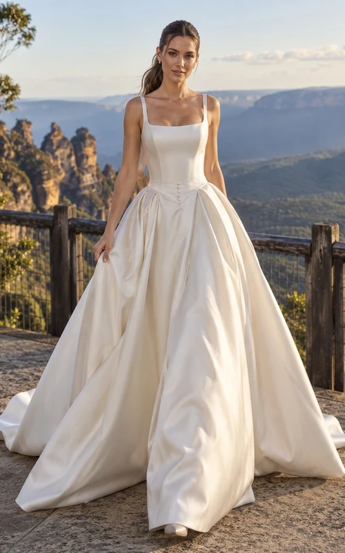 Einfaches Brautkleid mit quadratischem Ausschnitt und Satinbändern in A-Linie