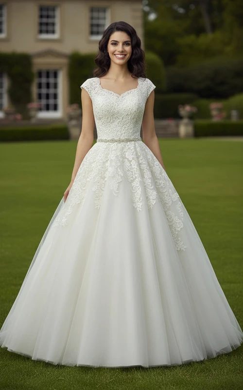Vestido de novia romántico de gala con mangas cortas - Corpiño de encaje y vestido de tul con cintura adornada con cuentas