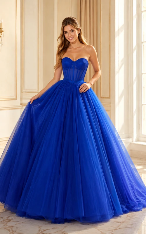 Royal Blue Strapless Sweetheart Tulle Princess Pleated Formal Ball Gown
