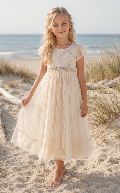 Vestido de niña de las flores, color marfil, encaje, tul, corte en A, cuello joya, largo hasta la rodilla.