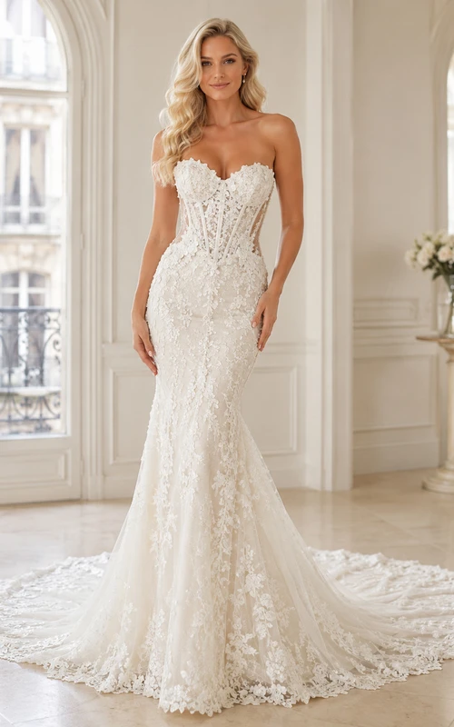 Robe de mariée sirène fluide en dentelle, bustier cœur, sans manches, traîne chapelle, ornée d'appliqués floraux.