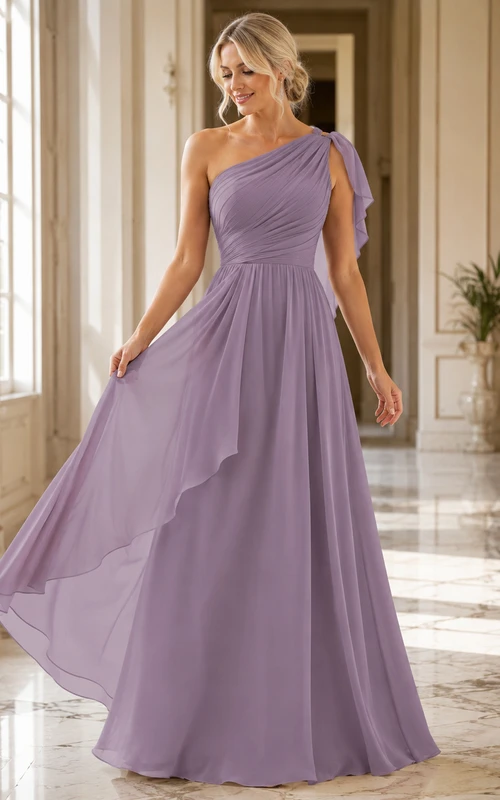 Lavender One-Shoulder Draped Pleated Chiffon Modern A-Line Bridesmaid Gown Reception