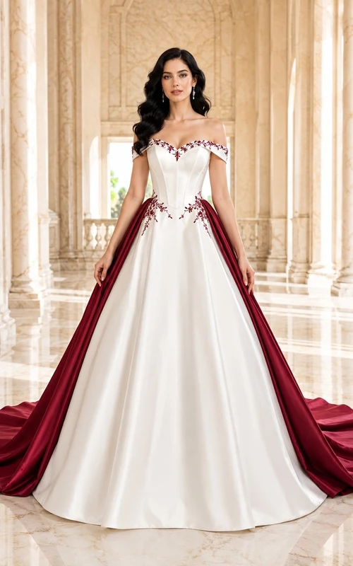 Burgunderrotes, drapiertes Brautkleid in A-Linie mit schulterfreiem, ärmellosem Schnitt und Schleppe – modern und elegant