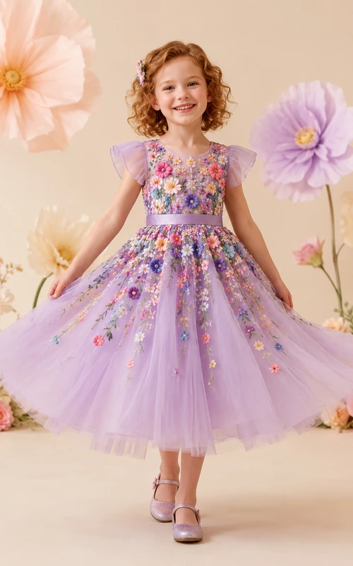 Robe de demoiselle d'honneur fantaisiste en tulle lavande ornée d'appliqués floraux colorés, jupe courte et volants scintillants