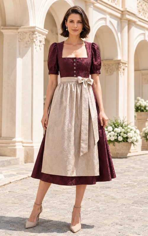 Vestido tradicional de jacquard burdeos de lujo, largo hasta la rodilla, con delantal de manga cuadrada abullonada.