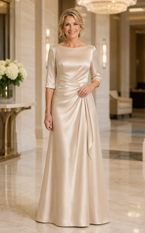 Vestido de satén color champán, corte recto, manga tres cuartos, escote barco, largo hasta el suelo y fruncido, ideal para la madre de la novia.