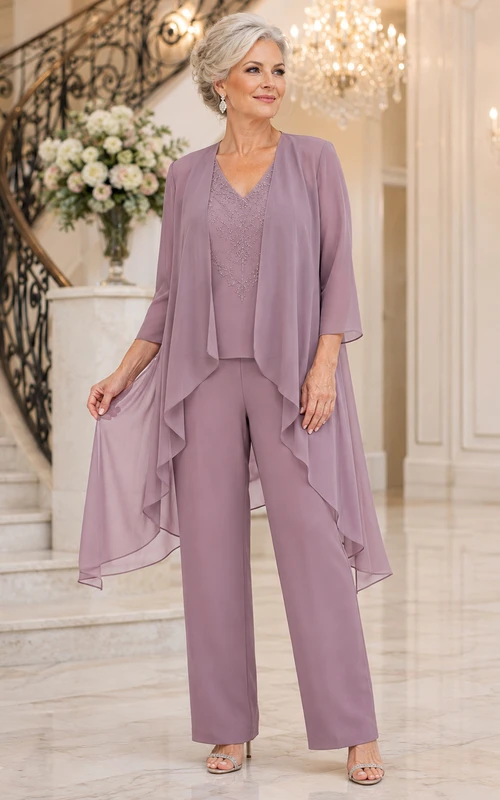 Eleganter Vintage-Hosenanzug in Mauve mit Wasserfallmuster für die Mutter der Braut, bestehend aus einer dreiviertellangen, drapierten Chiffonjacke mit Rundhalsausschnitt und einer weit geschnittenen Hose.