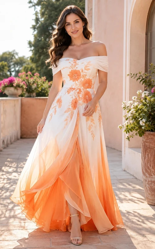 Robe de soirée romantique longue en mousseline à fleurs orange et blanche, épaules dénudées, coupe trapèze, style A, idéale pour une invitée.