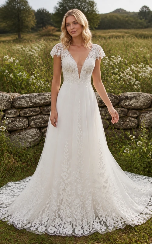 Vestido de novia romántico de manga corta, corte en A, escote en V, encaje Stonewall Vine y cola catedral.