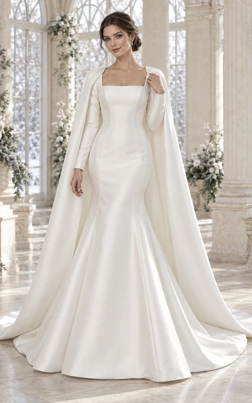 Mermaid Simple Long Sleeve Square Neck Winter Structured Satin Cape Wedding Dress
