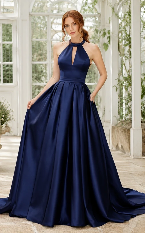 Navy Satin Keyhole Halter Sleeveless Ball Gown Sweep Train Prom Dress