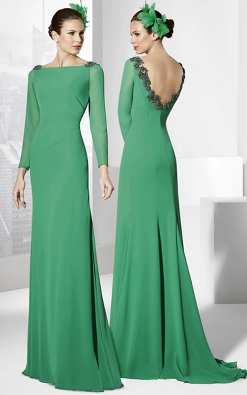Langes, appliziertes Jersey-Abendkleid mit langen Ärmeln und Rundhalsausschnitt