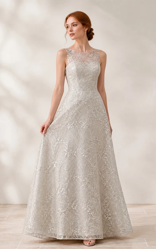Modest Silver A-Line High Neck Glitter Lace Floor-length Evening Dress