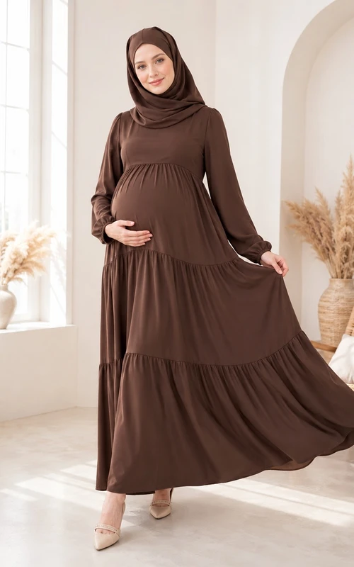 Vestido de maternidad de manga larga, estilo casual y discreto, con volantes y corte imperio, largo hasta los tobillos.