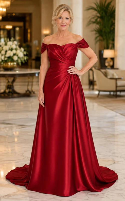Mutterkleid aus rotem Satin, A-Linie, kurze Ärmel, schulterfrei, Schleppe, gerafft