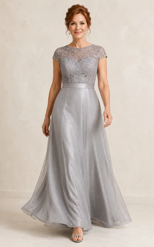 Silbernes Tüll-A-Linien-Kleid für die Mutter mit perlenbesetztem Spitzenoberteil