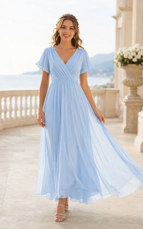 Elegant Light Blue Chiffon A-Line Floor-Length V-Neck Short Sleeve Guest Dress