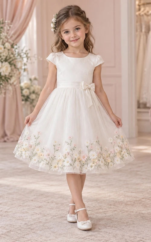 Vestido de niña de flores color marfil, corte en A, manga corta, lazo lateral, bordado botánico en el bajo, largo hasta la rodilla.