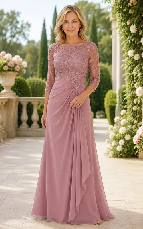 MOB-Kleid aus altrosafarbenem Chiffon mit Spitze, A-Linie, 3/4-Ärmeln, Rundhalsausschnitt, bodenlang, mit Rüschendetails und Drapierung