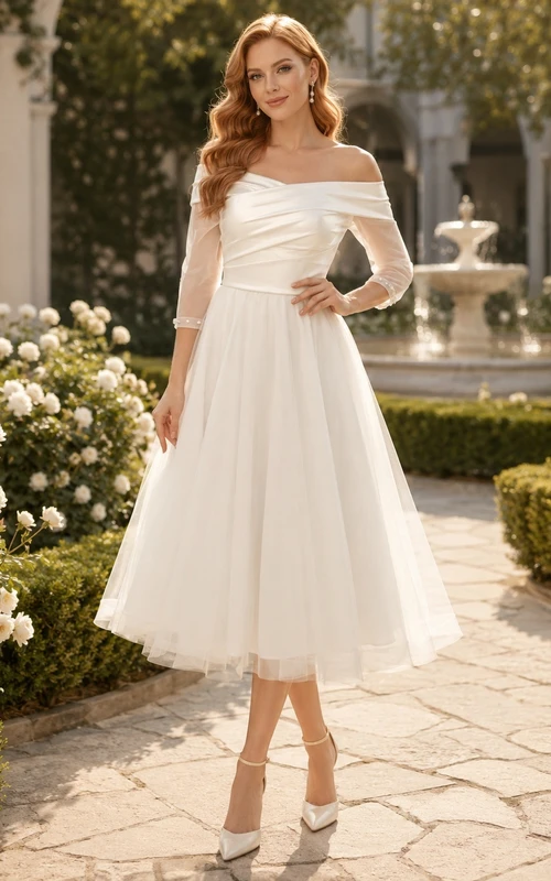 Romantisches Brautkleid aus Chiffon mit schulterfreiem 3/4-Ärmeln, A-Linie und Teelänge