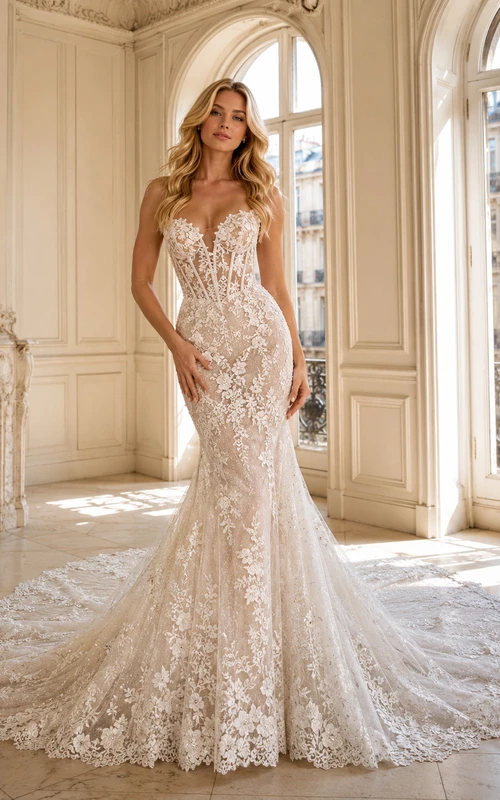 Robe de mariée sirène sans manches en dentelle royale, décolleté en V profond et traîne cathédrale, ornée d'appliqués floraux, idéale pour la réception.