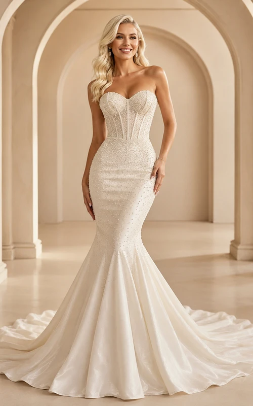 Robe de mariée sirène en satin à dentelle florale, bustier cœur sans bretelles et corset, longueur au sol, avec traîne.