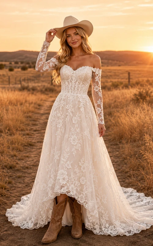 Western Rustic Lace Off Shoulder Long Sleeve Wedding Dress