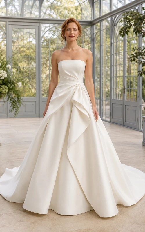 Brautkleid aus Satin, Ballkleid, trägerlos, Herzausschnitt, Schleppe