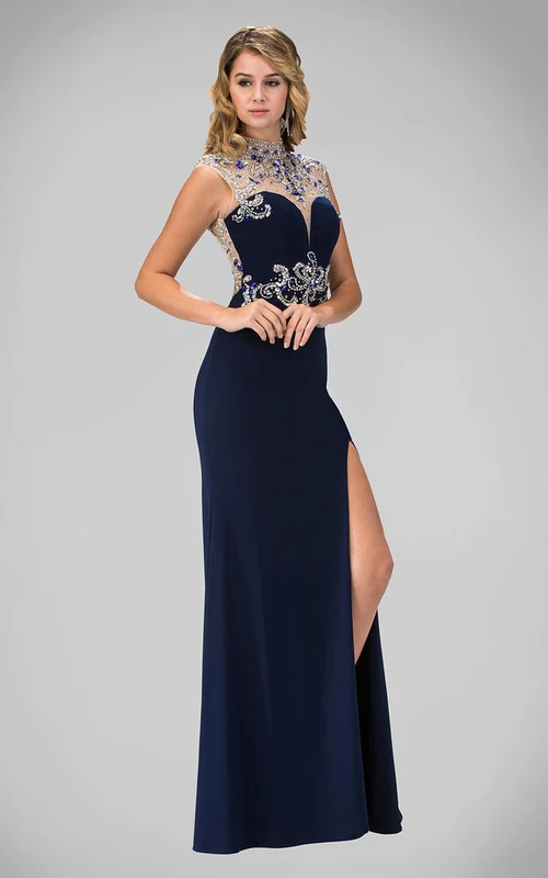 Sheath High Neck Sleeveless Jersey Keyhole Dress With Beading And Split Front