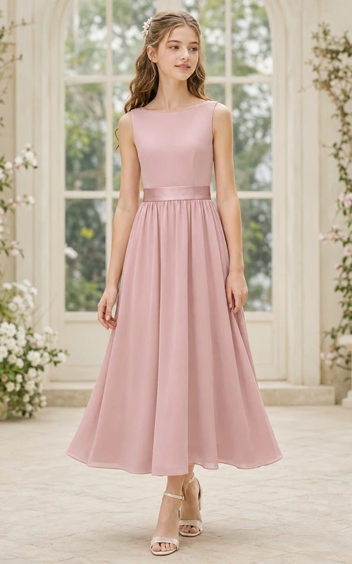 Vestido de dama de honor juvenil rosa empolvado, corte en A, sin mangas, estilo romántico.