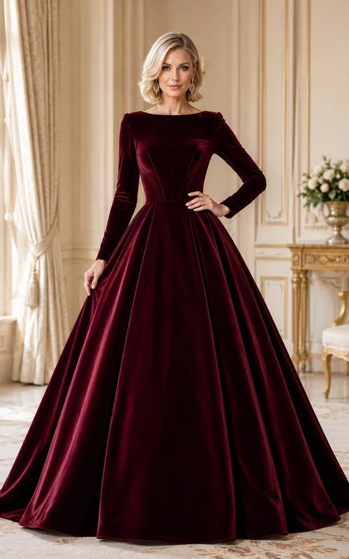 Vestido de gala vintage de terciopelo plisado de manga larga con cola larga, estilo princesa, color borgoña, corte barco.