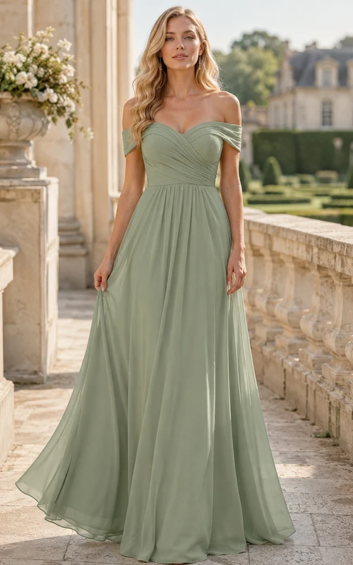 Estate Formal Sage Romantic Elegant A-Line Chiffon Bridesmaid Dress with Off Shoulder Sweetheart Short Sleeve Floor-Length Low Back