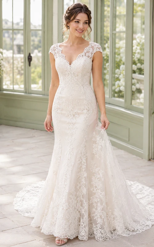 Robe de mariée sirène à col V profond en dentelle, manches courtes et traîne chapelle, petite taille