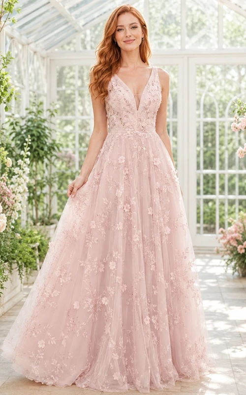 Blushing Pink Lace V-Neck Sleeveless A-Line Floor-length Formal Dress