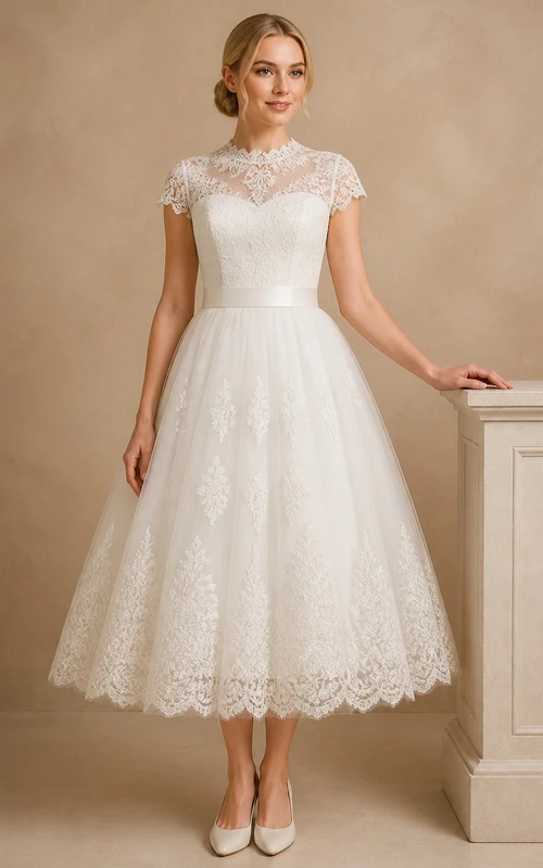 Vestido de novia vintage de corte A con cuello alto y largo hasta la rodilla, estilo juzgado.