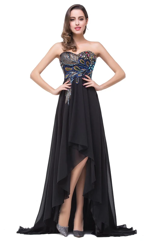 Neuestes schwarzes Chiffon-Abendkleid mit Pfauenmuster und Hi-Lo-Schleppe