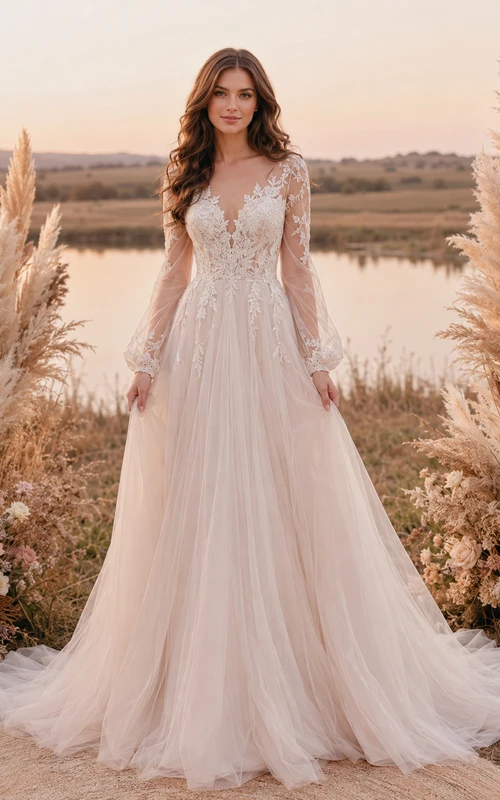 Brautkleid in A-Linie aus langärmeliger Illusionsspitze und Pampas-Tüll